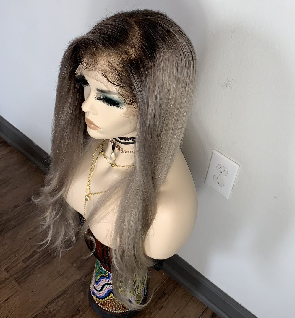 Ash ombré straight wig after styling